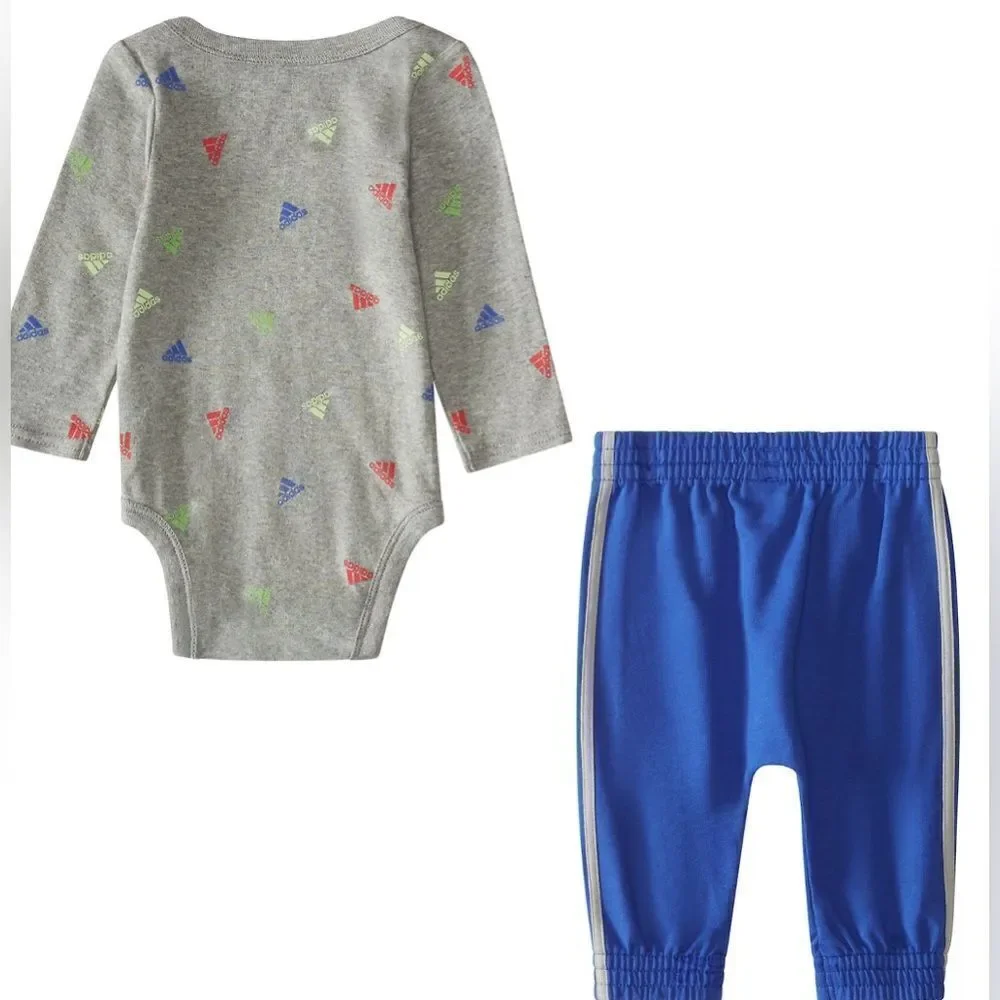 NWT Adidas Baby 2 Piece Logo Gray Body Shirt Blue Jogging Pant Set - Size 6M